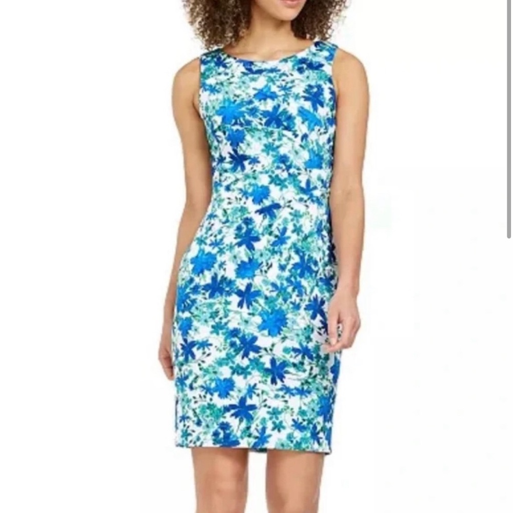 NWT Calvin Klein - Blue Green Floral Sunburst Seam Sleeveless Sheath Dre…